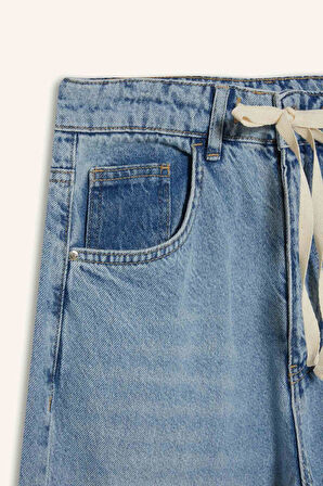 Wide Leg Bağcıklı Bel Uzun Jean Yıkamalı Pantolon