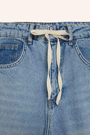 Wide Leg Bağcıklı Bel Uzun Jean Yıkamalı Pantolon