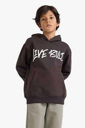 Erkek Çocuk Kapüşonlu Baskılı İçi Yumuşak Tüylü Sweatshirt