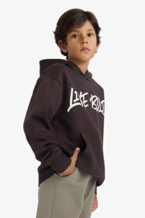 Erkek Çocuk Kapüşonlu Baskılı İçi Yumuşak Tüylü Sweatshirt