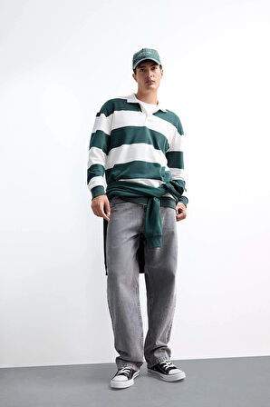 Defacto F0857 Yeşil Boxy Fit Rahat Kesim Polo Yaka Düğmeli Çizgili Sweatshirt