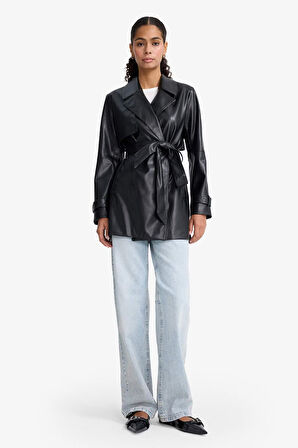 Regular Fit Kemerli Cepli Suni Deri Kısa Trençkot