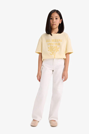 DeFacto Kız Çocuk Oversize Geniş Kalıp Bisiklet Yaka Kısa Kollu Tişört E0392A825SMYL239