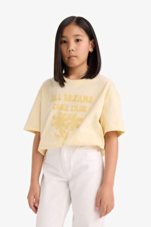 DeFacto Kız Çocuk Oversize Geniş Kalıp Bisiklet Yaka Kısa Kollu Tişört E0392A825SMYL239