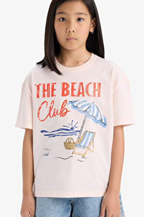 DeFacto Kız Çocuk Oversize Geniş Kalıp Bisiklet Yaka Baskılı Kısa Kollu Tişört E0392A825SMWT34