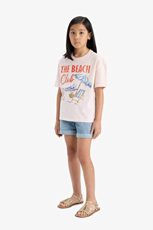 DeFacto Kız Çocuk Oversize Geniş Kalıp Bisiklet Yaka Baskılı Kısa Kollu Tişört E0392A825SMWT34