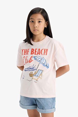 DeFacto Kız Çocuk Oversize Geniş Kalıp Bisiklet Yaka Baskılı Kısa Kollu Tişört E0392A825SMWT34