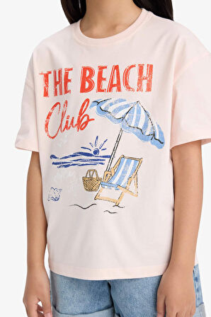 DeFacto Kız Çocuk Oversize Geniş Kalıp Bisiklet Yaka Baskılı Kısa Kollu Tişört E0392A825SMWT34