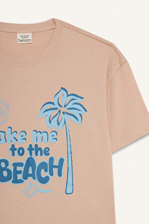 DeFacto Kız Çocuk Relax Fit Bisiklet Yaka Baskılı Kısa Kollu Tişört E0389A825SMPN287