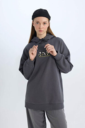 DeFacto Regular Fit Kapüşonlu Baskılı İçi Yumuşak Tüylü Kalın Sweatshirt Tunik E0317AX24WNAR15