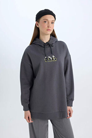 DeFacto Regular Fit Kapüşonlu Baskılı İçi Yumuşak Tüylü Kalın Sweatshirt Tunik E0317AX24WNAR15