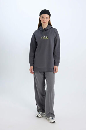 DeFacto Regular Fit Kapüşonlu Baskılı İçi Yumuşak Tüylü Kalın Sweatshirt Tunik E0317AX24WNAR15