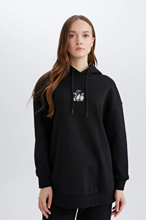 DeFacto Relax Fit Kapüşonlu İçi Yumuşak Tüylü Nakışlı Kalın Sweatshirt Tunik E1203AX24WNBK81