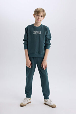 DeFacto Erkek Çocuk 2'li Takım Bisiklet Yaka Baskılı Sweatshirt Beli Lastikli Eşofman Altı D9853A825SPBE787