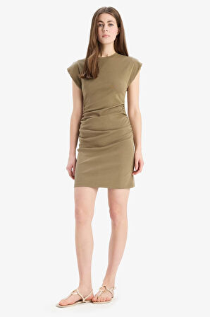 Bodycon Vücudu Saran Yuvarlak Yaka Ribana Kolsuz Mini Elbise