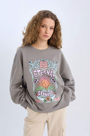 Loose Fit Bisiklet Yaka Baskılı Kalın Sweatshirt
