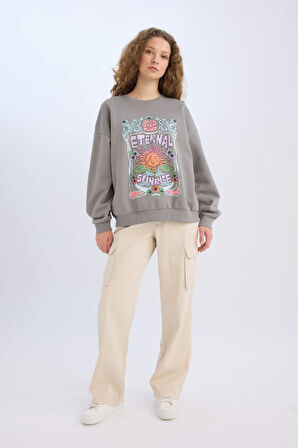 Loose Fit Bisiklet Yaka Baskılı Kalın Sweatshirt