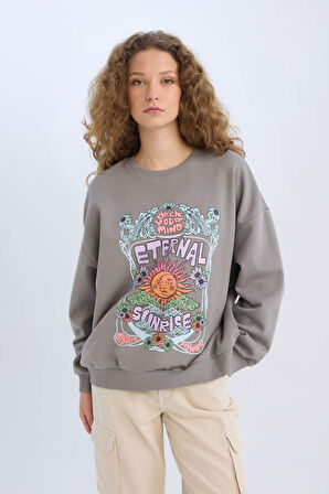 Loose Fit Bisiklet Yaka Baskılı Kalın Sweatshirt