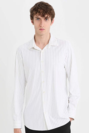 DeFacto Slim Fit Dar Kesim Polo Yaka Çizgili Uzun Kollu Gömlek B6487AX25SPWT34