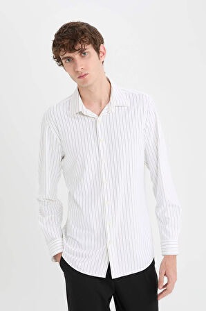 DeFacto Slim Fit Dar Kesim Polo Yaka Çizgili Uzun Kollu Gömlek B6487AX25SPWT34