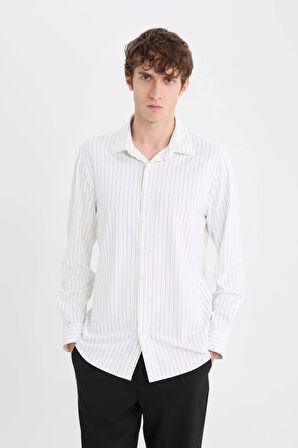 DeFacto Slim Fit Dar Kesim Polo Yaka Çizgili Uzun Kollu Gömlek B6487AX25SPWT34