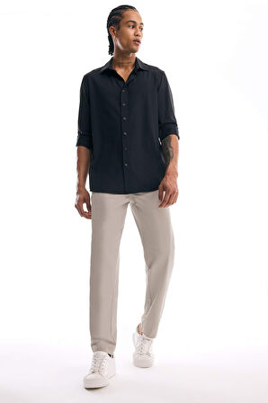 DeFacto Slim Fit Dar Kesim Polo Yaka Esnek Kumaş Basic Düz Uzun Kollu Siyah Gömlek B6491AX25SPBK81