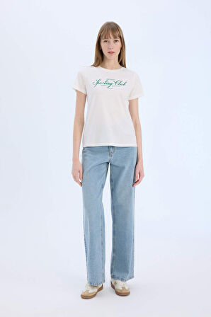 Regular Fit Bisiklet Yaka Baskılı Penye Kısa Kollu Tişört