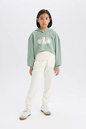 Kız Çocuk 2'li Takım Crop Kapüşonlu Baskılı Sweatshirt Atlet