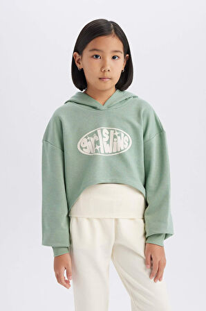 Kız Çocuk 2'li Takım Crop Kapüşonlu Baskılı Sweatshirt Atlet