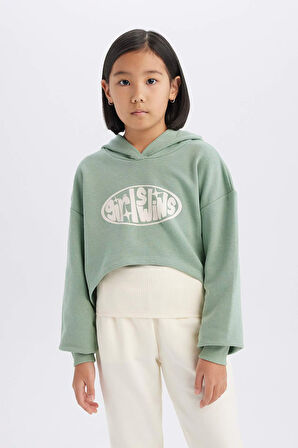 DeFacto Kız Çocuk 2'li Takım Crop Kapüşonlu Baskılı Sweatshirt Atlet D8819A825SPGN1125
