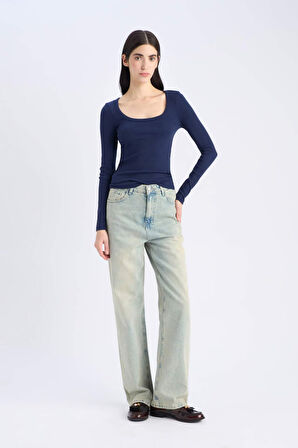 Slim Fit Dar Kesim Basic Düz Fitilli Kaşkorse Uzun Kollu Tişört