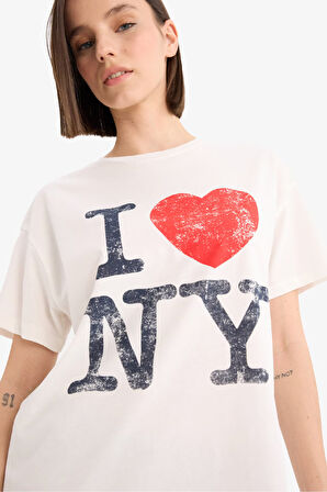 DeFacto Coool I Love NY Oversize Geniş Kalıp Bisiklet Yaka Baskılı Kısa Kollu Tişört F0654AX25SPWT32