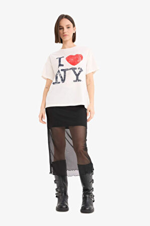 DeFacto Coool I Love NY Oversize Geniş Kalıp Bisiklet Yaka Baskılı Kısa Kollu Tişört F0654AX25SPWT32