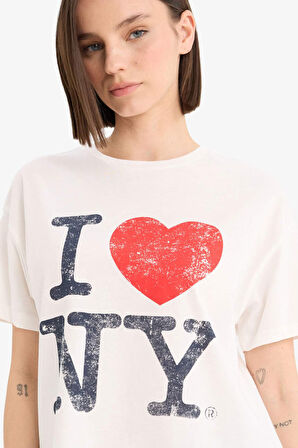 DeFacto Coool I Love NY Oversize Geniş Kalıp Bisiklet Yaka Baskılı Kısa Kollu Tişört F0654AX25SPWT32
