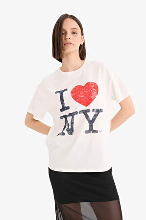 DeFacto Coool I Love NY Oversize Geniş Kalıp Bisiklet Yaka Baskılı Kısa Kollu Tişört F0654AX25SPWT32