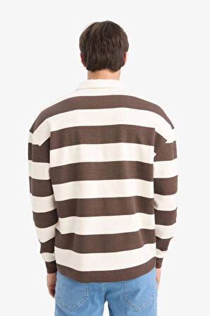 Defacto E8440 Kahve Boxy Fit Polo Yaka Çizgili Waffle Sweatshirt