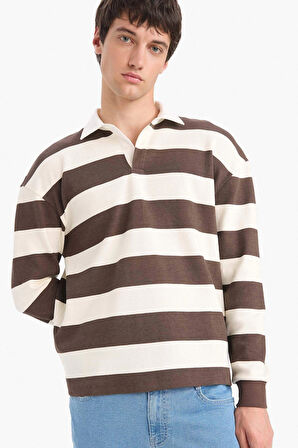 Defacto E8440 Kahve Boxy Fit Polo Yaka Çizgili Waffle Sweatshirt
