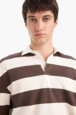 Defacto E8440 Kahve Boxy Fit Polo Yaka Çizgili Waffle Sweatshirt