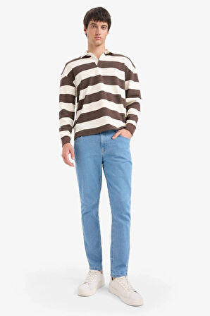 Defacto E8440 Kahve Boxy Fit Polo Yaka Çizgili Waffle Sweatshirt