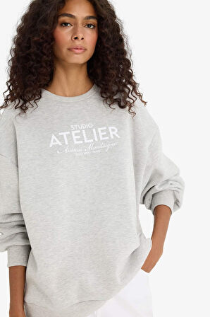 Oversize Geniş Kalıp Bisiklet Yaka Baskılı Kalın Sweatshirt