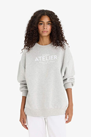 Oversize Geniş Kalıp Bisiklet Yaka Baskılı Kalın Sweatshirt