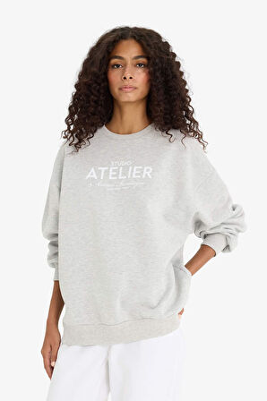 Oversize Geniş Kalıp Bisiklet Yaka Baskılı Kalın Sweatshirt