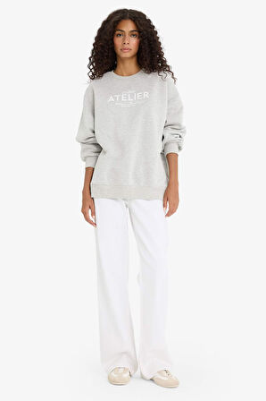 Oversize Geniş Kalıp Bisiklet Yaka Baskılı Kalın Sweatshirt