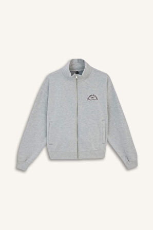 Relax Fit Yarım Balıkçı Yaka Baskılı Kalın Fermuarlı Sweatshirt 