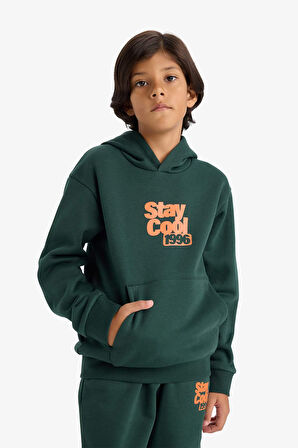 Erkek Çocuk Kapüşonlu Baskılı İçi Yumuşak Tüylü Sweatshirt 