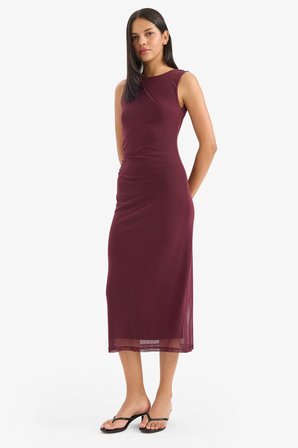 DeFacto Bodycon Vücudu Saran Yuvarlak Yaka Tül Kolsuz Mıdı Elbise D8036AX25AUBR232