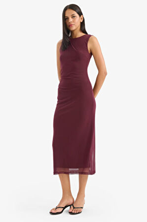 Bodycon Vücudu Saran Yuvarlak Yaka Tül Kolsuz Midi Elbise