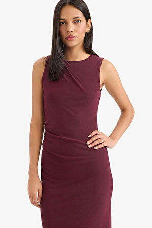 Bodycon Vücudu Saran Yuvarlak Yaka Tül Kolsuz Midi Elbise