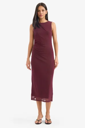 DeFacto Bodycon Vücudu Saran Yuvarlak Yaka Tül Kolsuz Mıdı Elbise D8036AX25AUBR232