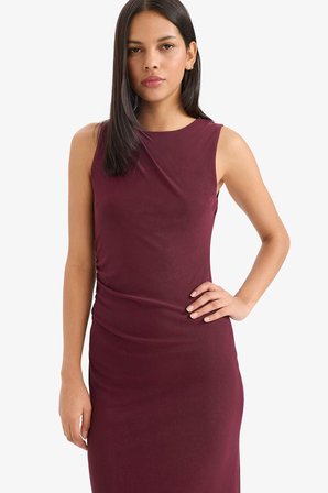 DeFacto Bodycon Vücudu Saran Yuvarlak Yaka Tül Kolsuz Mıdı Elbise D8036AX25AUBR232